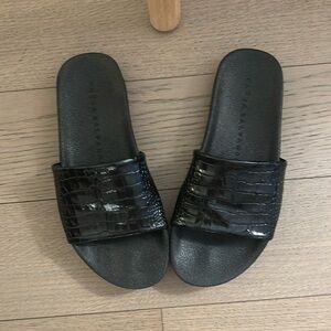 Freda Salvador Black Embossed Croc Slides
